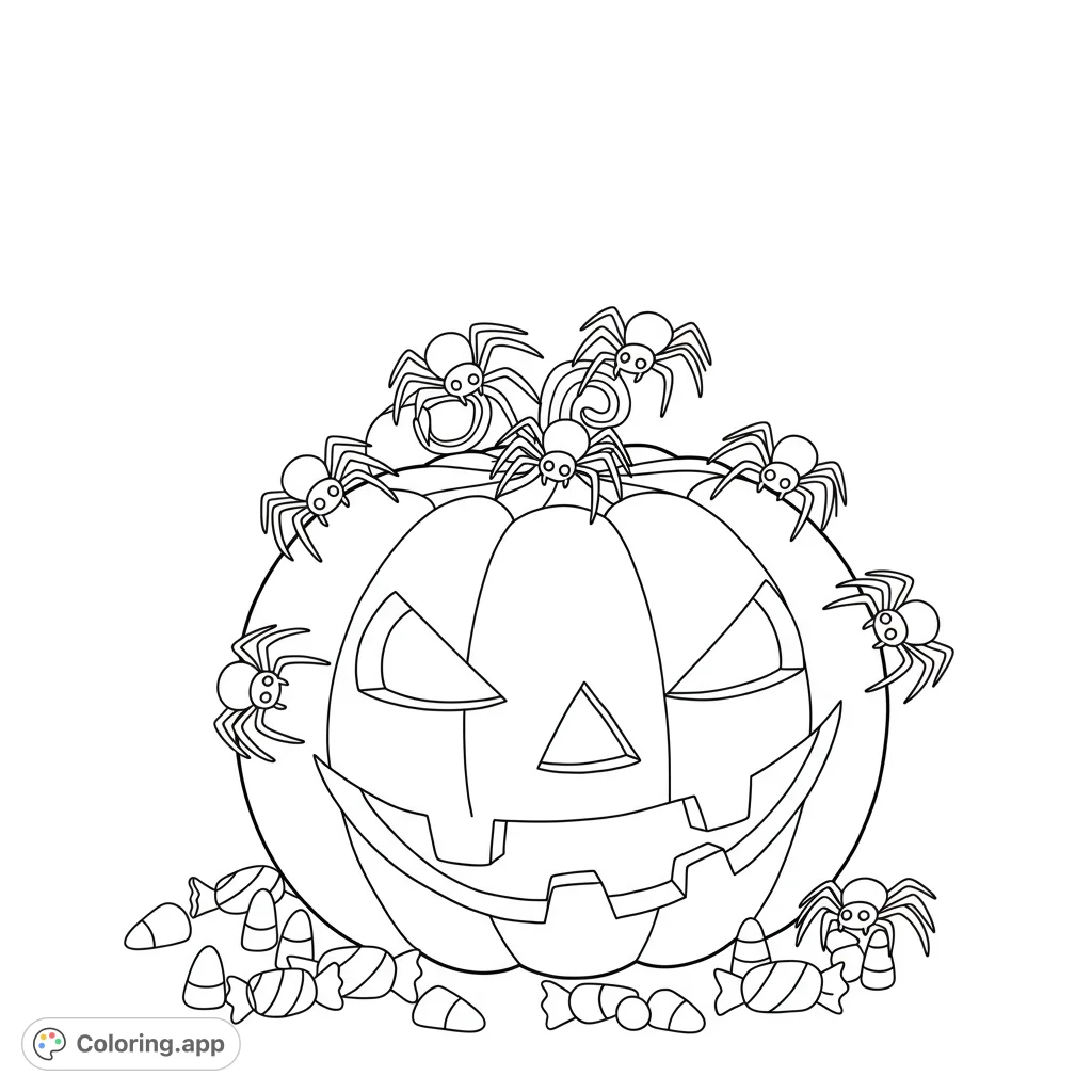 A fun Halloween coloring page featuring a grinning jack-o'-lantern covered in spiders and surrounded by candy. Perfect for spooky season fun!