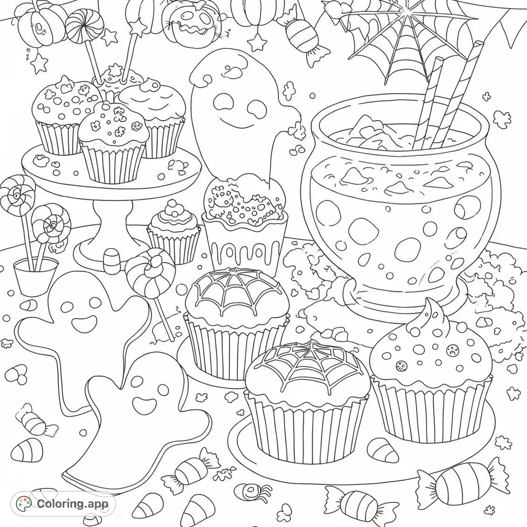 A delightful Halloween party spread featuring spooky cupcakes, ghost cookies, a bubbling punch bowl, and scattered candies, perfect for festive coloring fun.