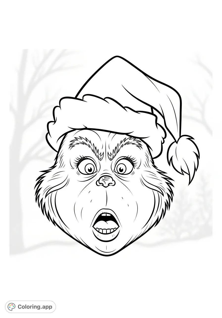 Capture the Grinch's hilarious surprise in a classic Santa hat against a subtle winter background. A delightful Grinch coloring page for all ages!