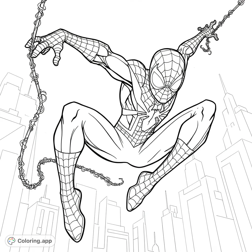 Dynamic Spider-Man coloring page swinging through a city. Features intricate web patterns and a detailed cityscape, perfect for superhero fans of all ages.