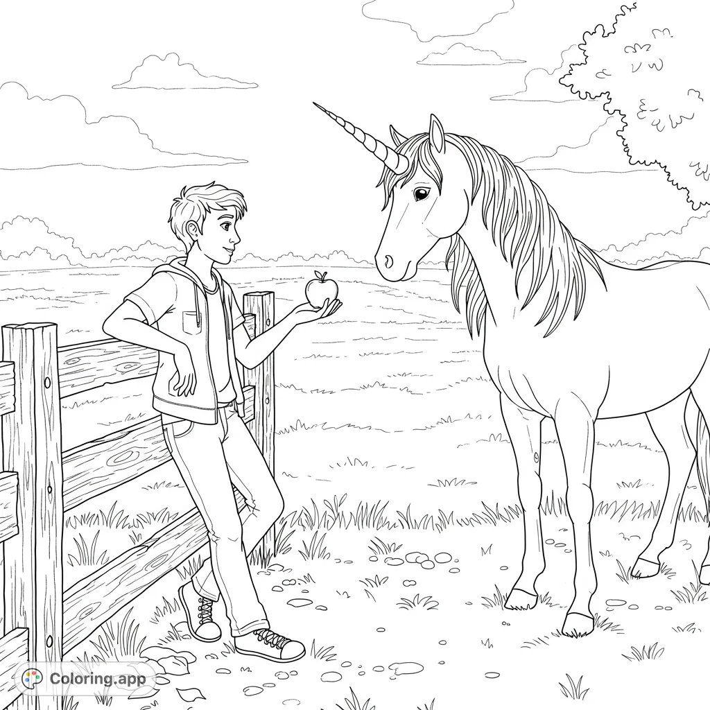 An enchanting scene of a teenager offering an apple to a curious unicorn by a weathered fence, set against a vast, open pasture. A magical bond.