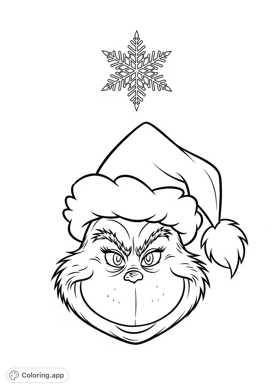 Capture the mischievous spirit of The Grinch! This free printable features his iconic smirking face, bushy eyebrows, and a plush Santa hat, perfect for holiday fun.