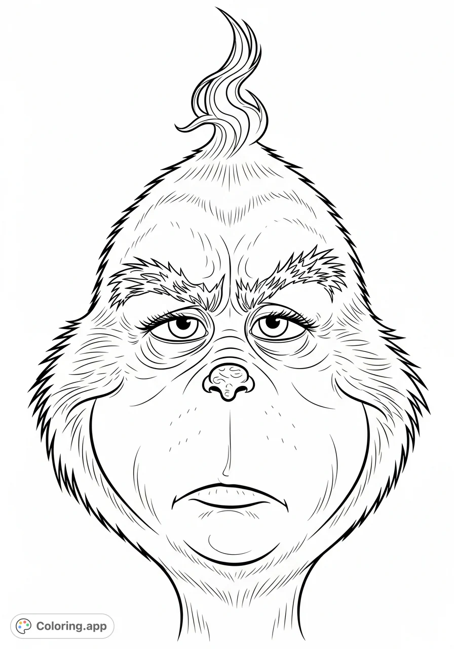 Capture The Grinch's classic pout and mischievous eyes in this detailed close-up coloring page. Perfect for fans of the holiday grump.