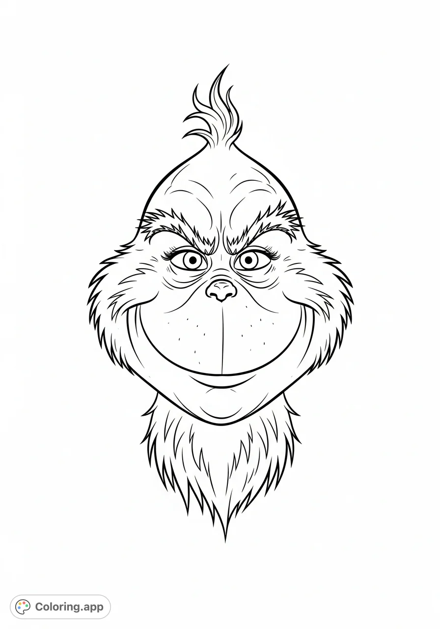 An expressive Grinch face, with a crooked smile and raised eyebrows, captured from a low angle, showcasing his distinctive shaggy fur and intense gaze.