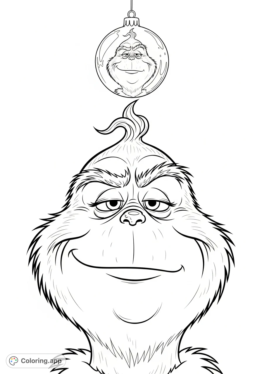 Capture The Grinch's iconic, devious expression and a dangling Christmas ornament reflecting his sneer in this detailed coloring page for fans of all ages.