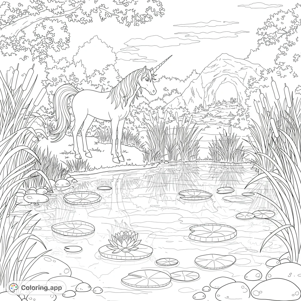 Discover a majestic unicorn at a shimmering pond's edge, its reflection visible. Featuring luminescent lily pads, tall reeds, and a glowing cave entrance.