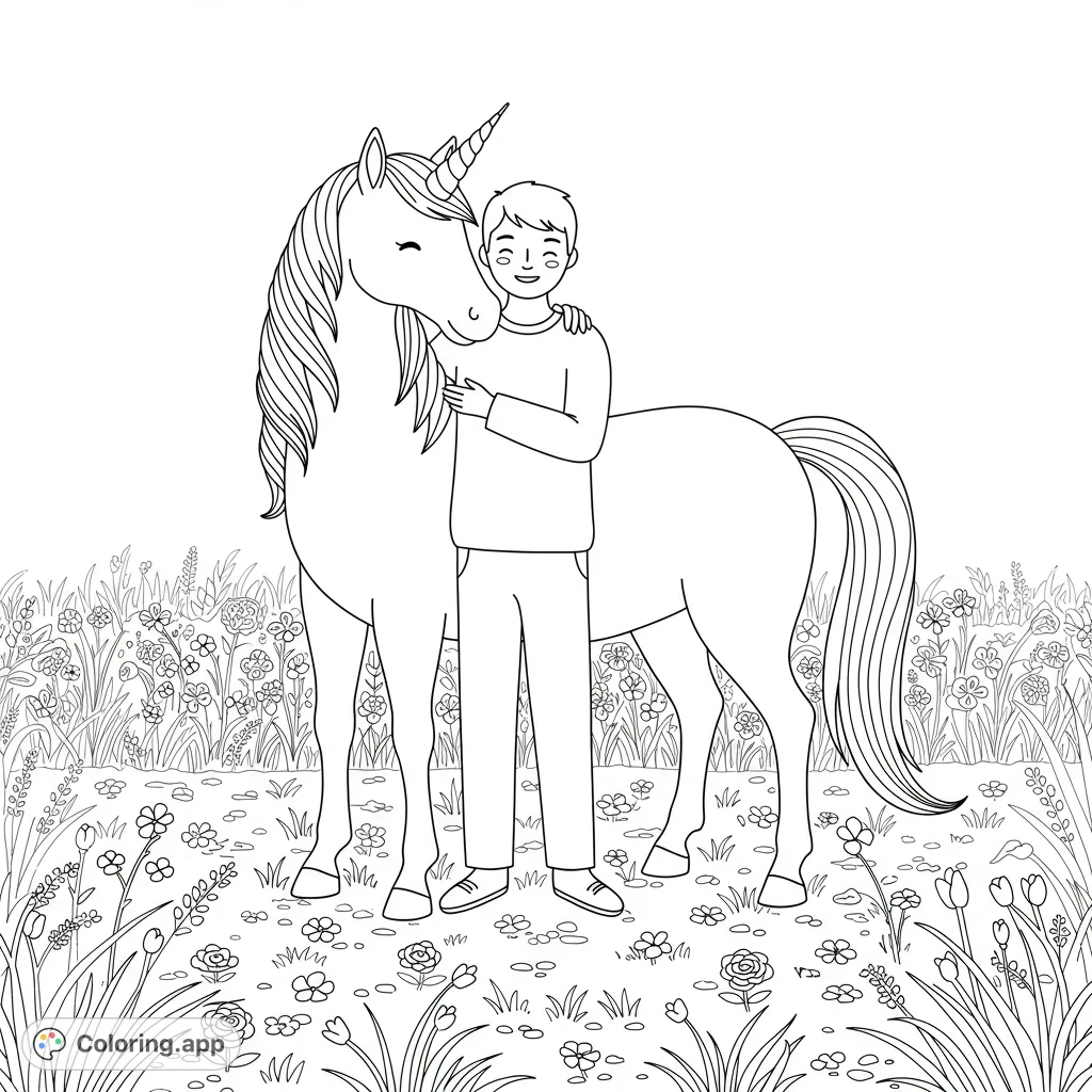 A heartwarming scene of a human and a playful unicorn sharing a tender moment in a flower-filled field. Perfect for fantasy lovers and dreamers.