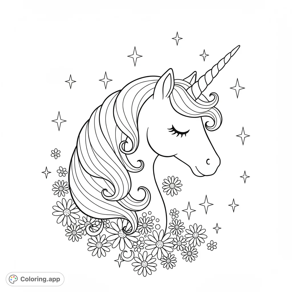 Enchanting unicorn head with flowing mane, closed eyes, and a majestic horn, surrounded by delicate daisies and sparkling stars. A magical free printable coloring page.