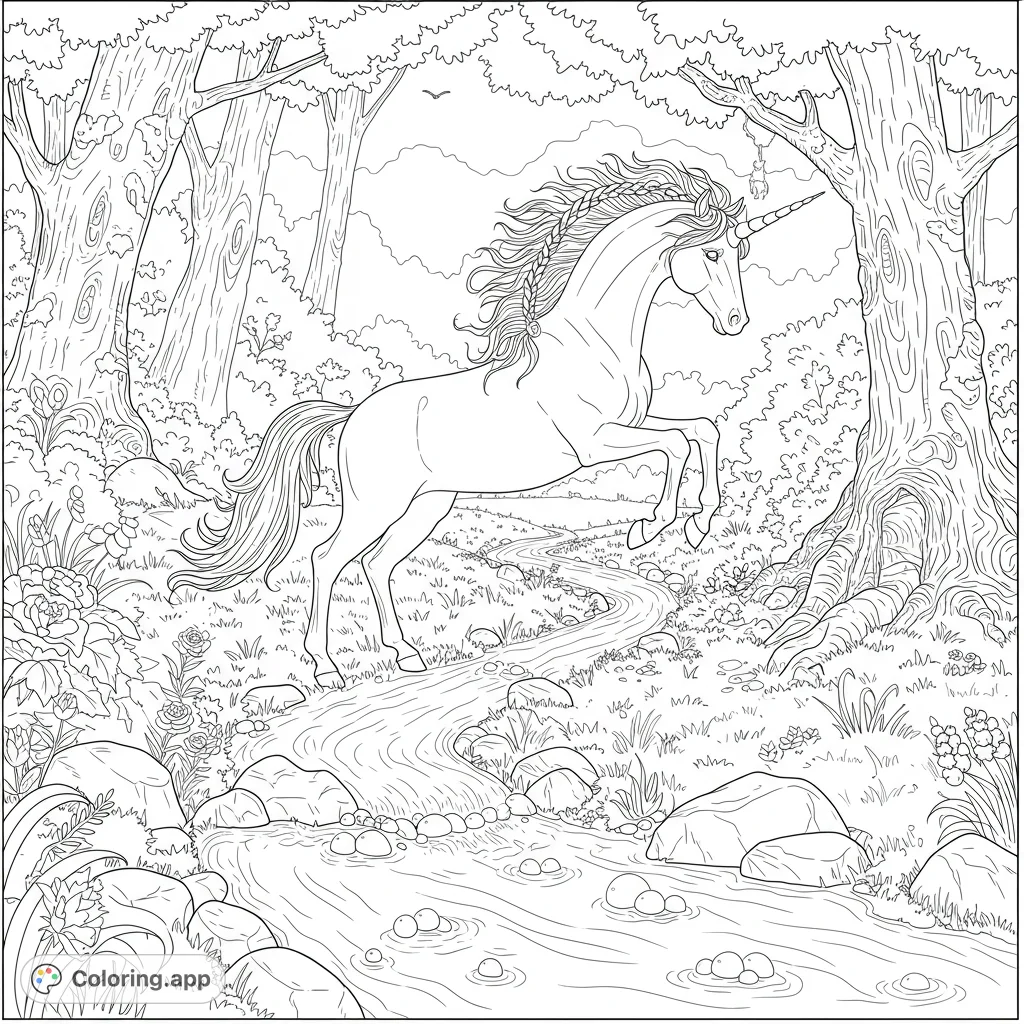 A majestic unicorn leaps gracefully over a bubbling stream, surrounded by ancient trees and river stones, inviting a magical coloring adventure.