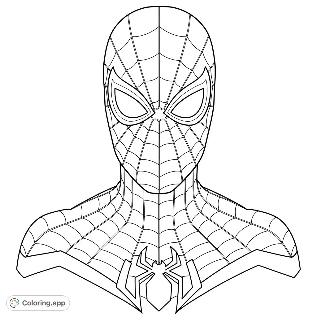 A dynamic superhero head and torso line art, featuring iconic web patterns and a bold spider emblem, perfect for a thrilling coloring adventure.