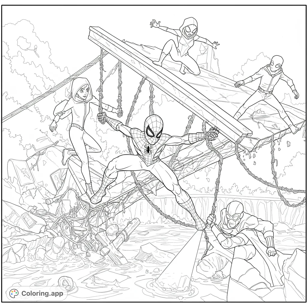 Join Young Spidey, Ghost Spider, Spin, and Trace-E as they heroically work together to save a collapsing bridge over a flowing river. A dynamic superhero teamwork scene.