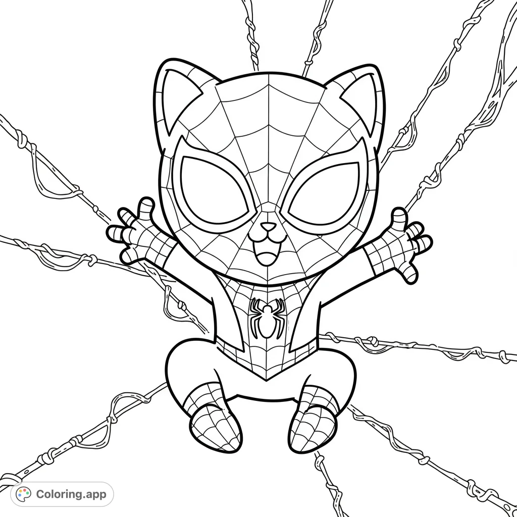 Swing into action with this adorable superhero cat coloring page! Featuring a cute feline hero in a web-patterned suit, ready for adventure.