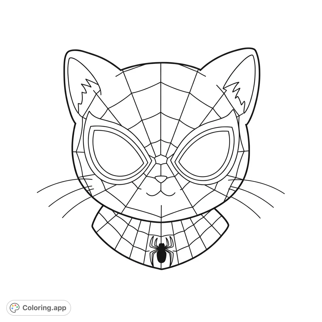 A charming superhero cat head coloring page, featuring a detailed spiderweb mask and a prominent spider emblem. Perfect for fans of feline heroes!