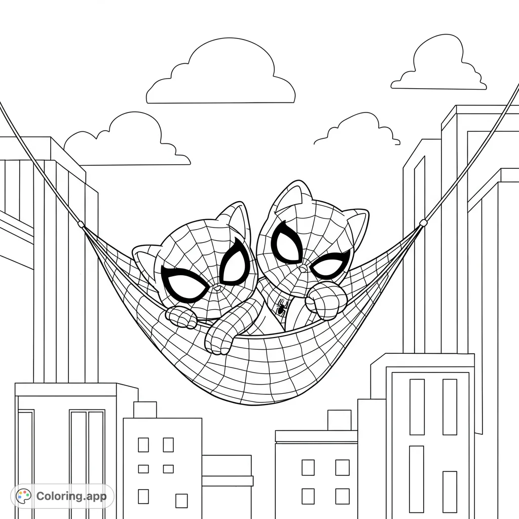 Two adorable superhero cats in a web hammock, suspended between city buildings. A fun, free printable coloring page for all ages.