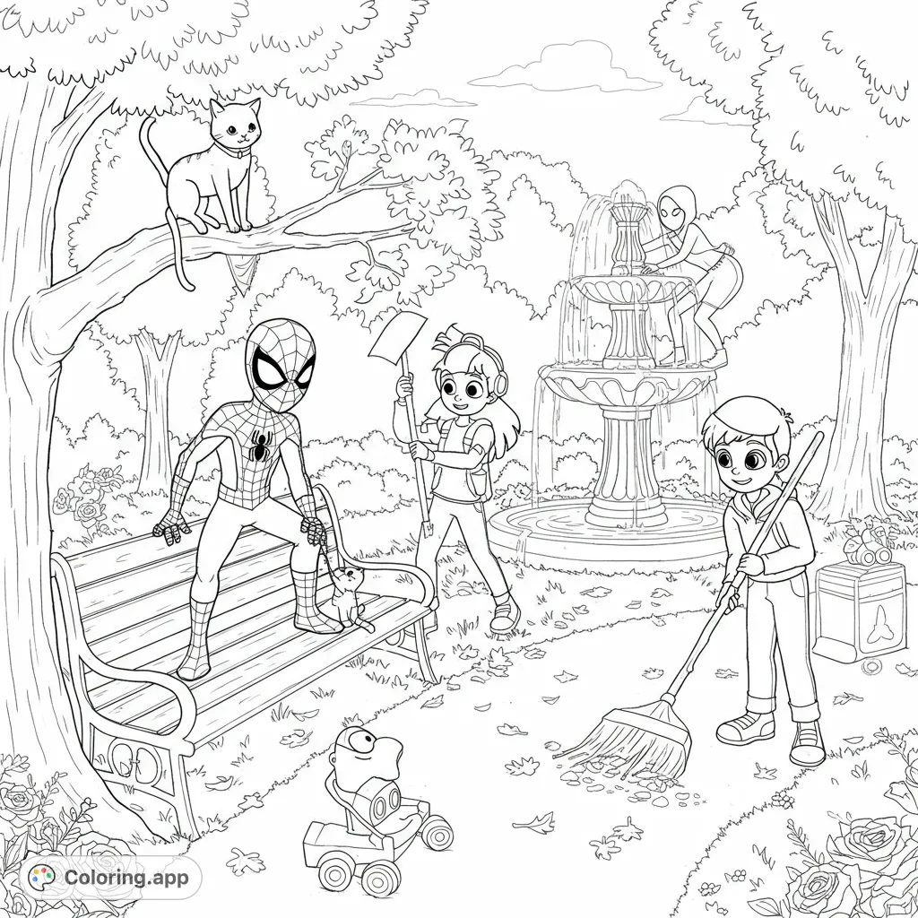 Join young heroes Spidey, Ghost Spider, Spin, and Trace-E as they perform acts of kindness in a bustling park, perfect for a fun coloring adventure.