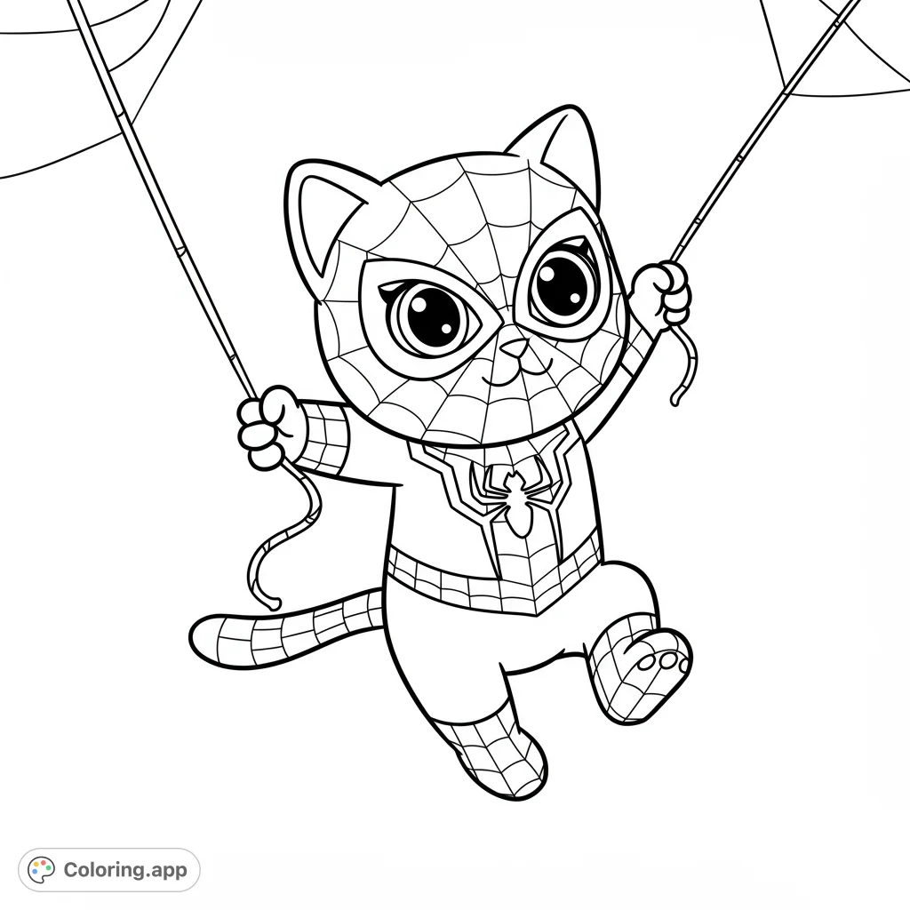 An adorable superhero cat in a web-patterned suit, swinging into action! Perfect for kids and fans of cute animal heroes.