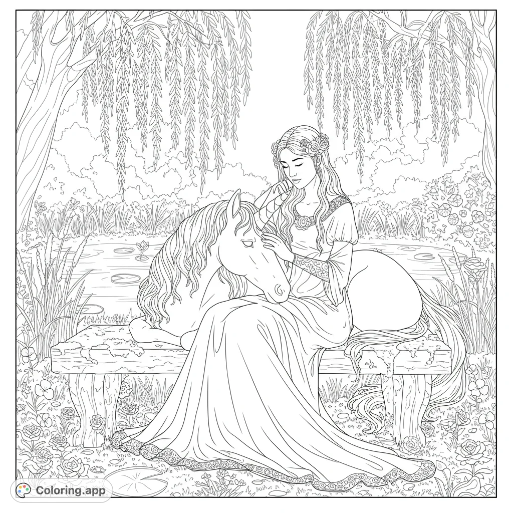 A serene woman gently caresses a unicorn by a tranquil pond, surrounded by weeping willows. A magical scene for peaceful coloring.