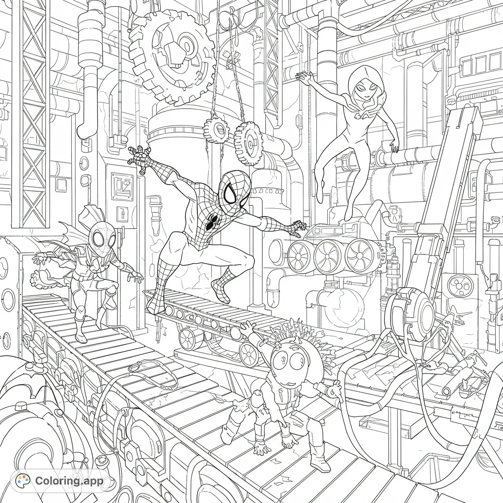 Join Young Spidey, Ghost Spider, Spin, and Trace-E in a thrilling factory rescue! A dynamic scene filled with gears, robots, and industrial machinery.