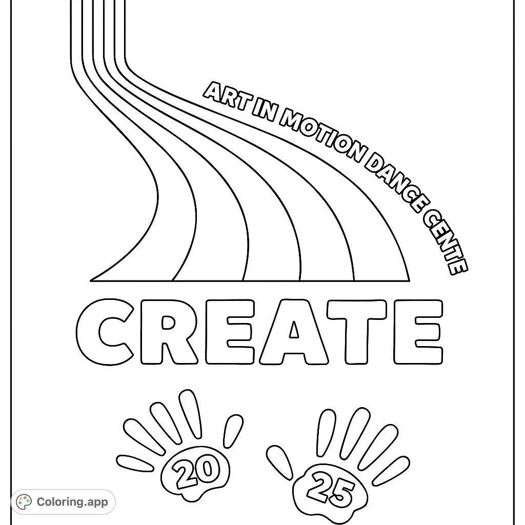 A dynamic coloring page featuring flowing lines, a bold rectangular shape, and two handprints, perfect for creative expression.