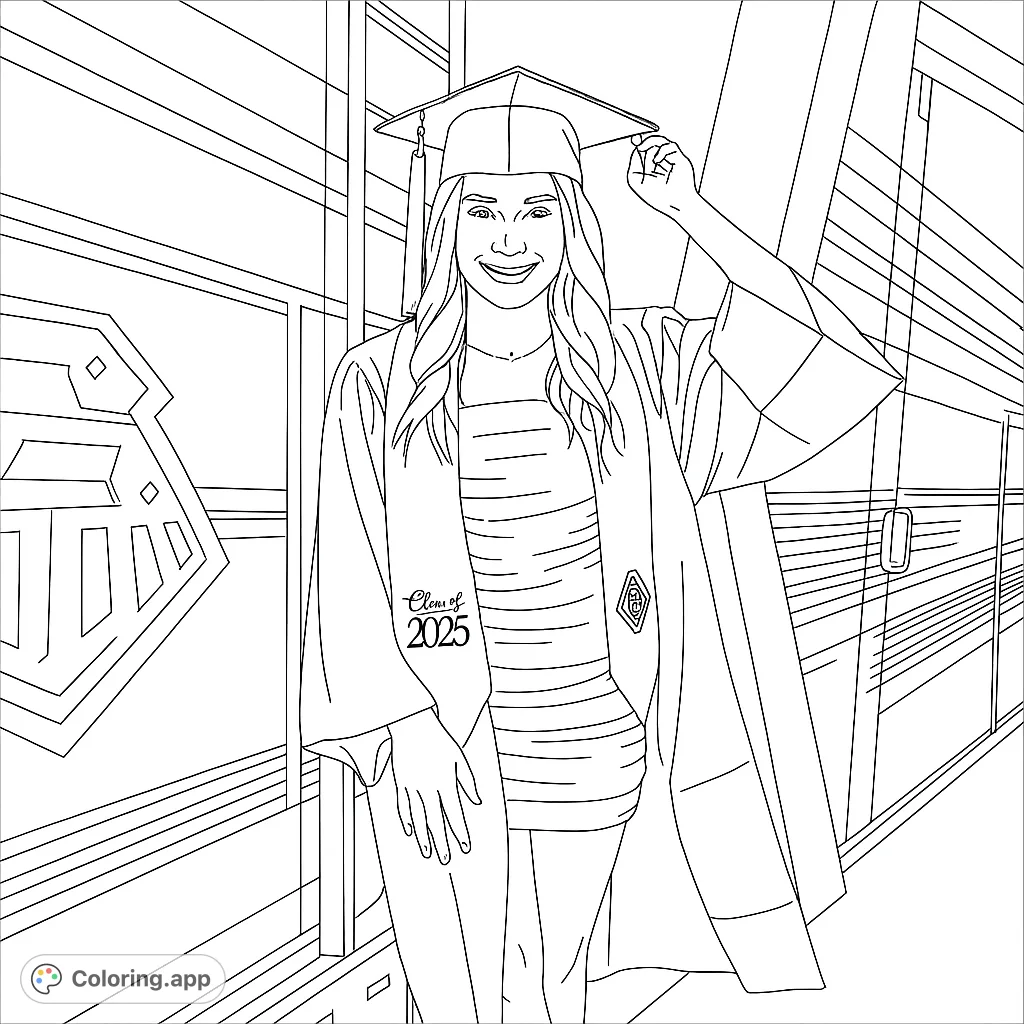 Celebrate achievements with this graduation coloring page featuring a smiling graduate on a train platform, ready for new adventures and future success.