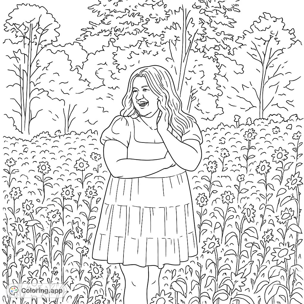 A joyful woman smiles in a vibrant sunflower field, ready for a burst of color. A free printable nature coloring page for all ages.