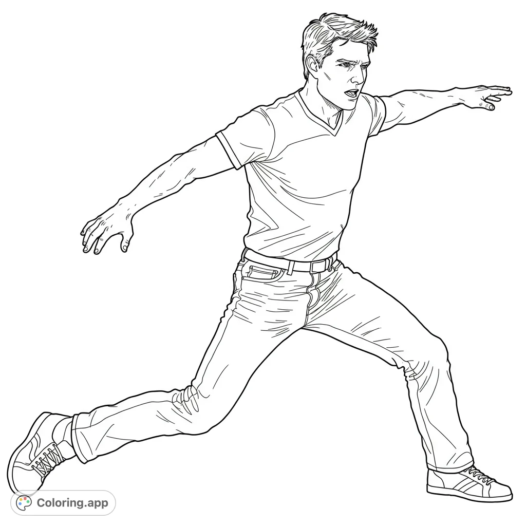 Dynamic action pose coloring page featuring a man mid-stride with outstretched arms and an expressive face, perfect for creative expression and focus.