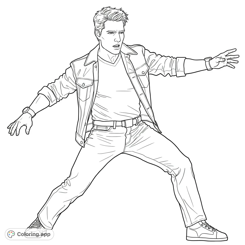 Color a dynamic man in an action pose, wearing a denim jacket and jeans. A free printable action hero coloring page for all ages.