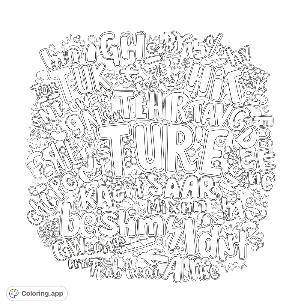 Dive into an intricate abstract coloring page featuring a dense circular pattern of stylized, interlocking shapes. Perfect for creative expression.