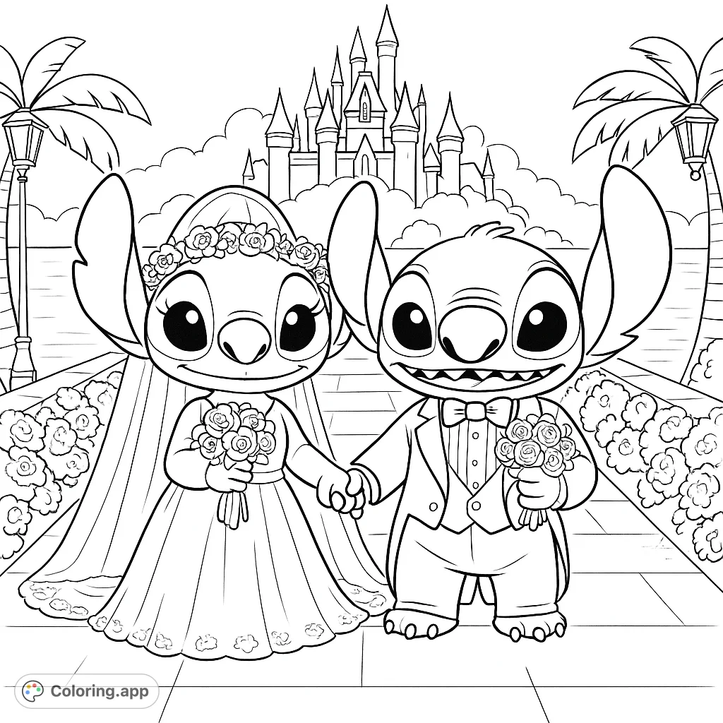 Celebrate love with this adorable fantasy wedding coloring page featuring two beloved characters in formal attire before a grand castle. Perfect for all ages!