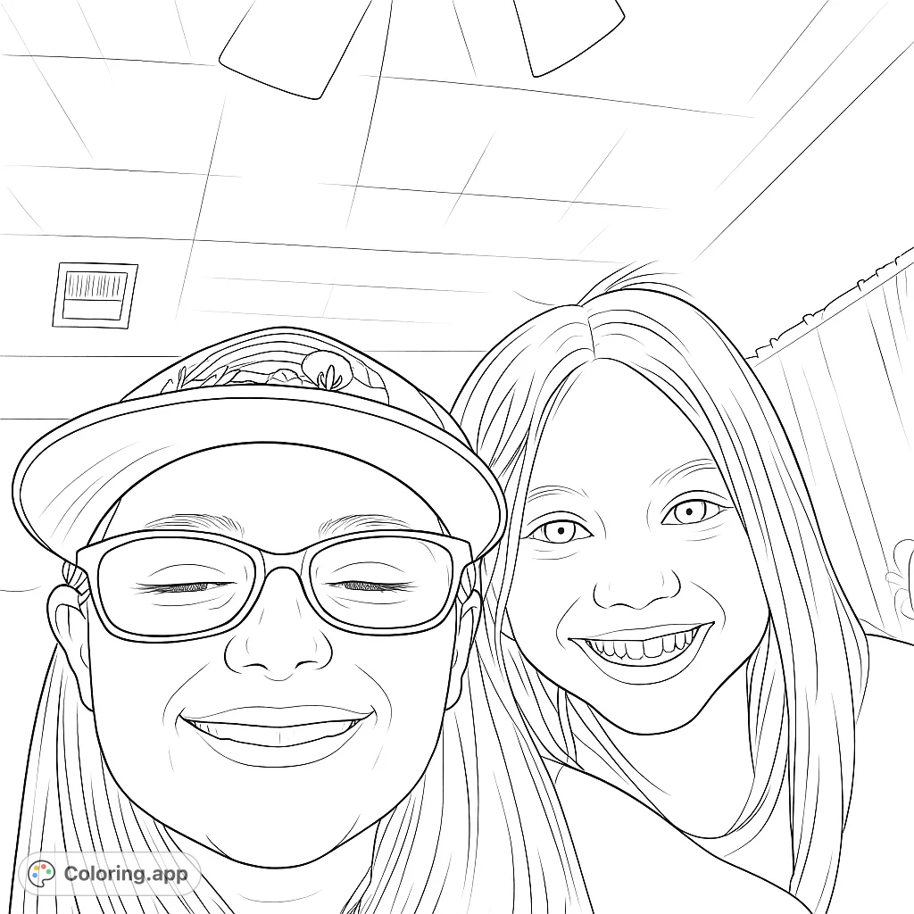 A heartwarming portrait of two smiling friends, one in glasses and a hat, the other with long hair, ready for a joyful coloring experience.
