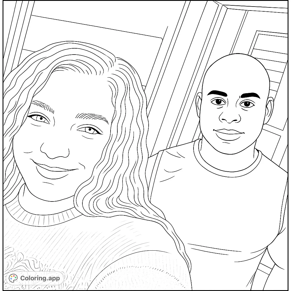 A heartwarming friends coloring page featuring a smiling woman with wavy hair and a bald man, perfect for celebrating connection and joy.