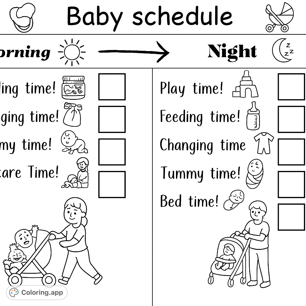 A charming baby schedule coloring page featuring daily routines from morning to night, perfect for young families and learning about baby care.