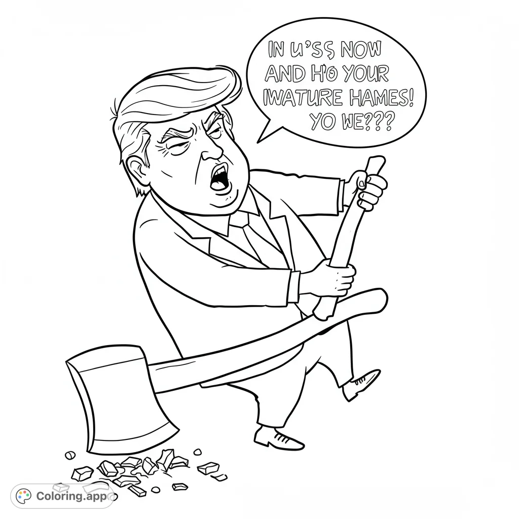 Dynamic caricature of a figure in a suit swinging an axe, with wood chips scattered. A unique political satire coloring page for adults.