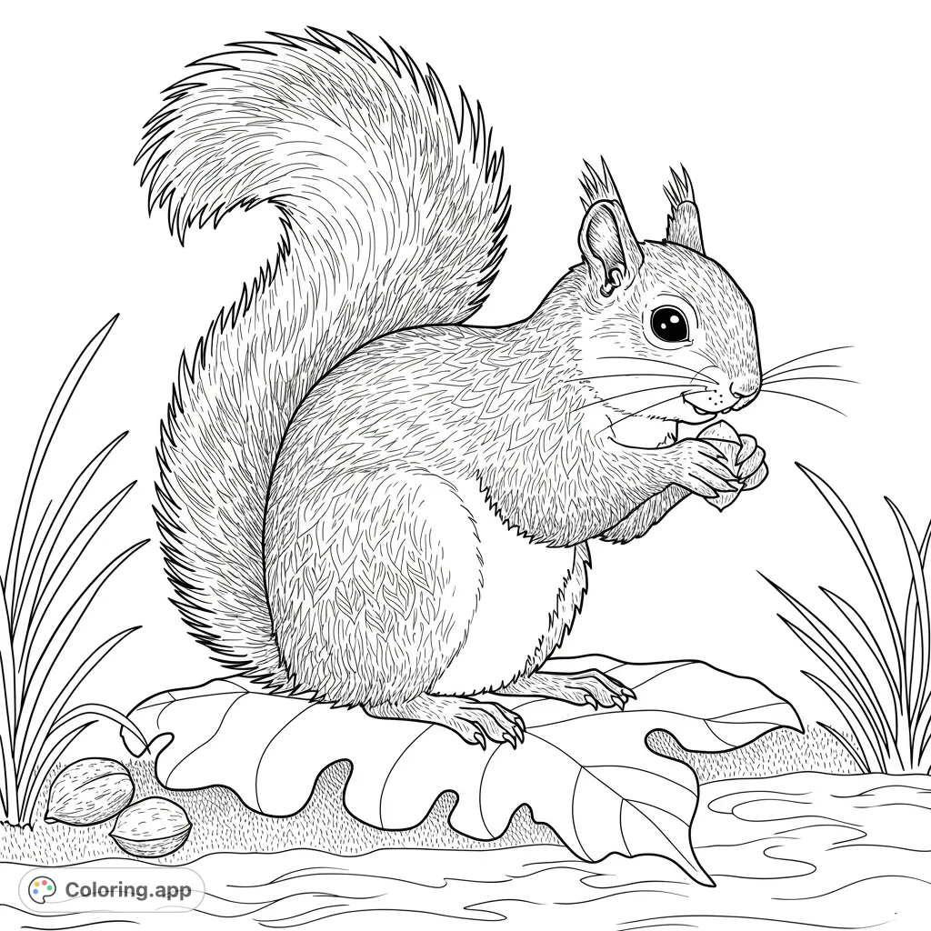 A charming squirrel holds an acorn on an oak leaf, ready for coloring. A delightful nature scene, perfect for a free printable squirrel coloring page.