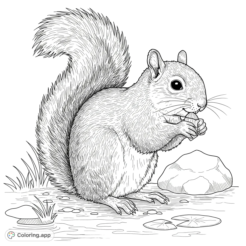 A charming squirrel coloring page featuring a detailed squirrel nibbling an acorn amidst grass and rocks. Perfect for nature lovers and all ages.