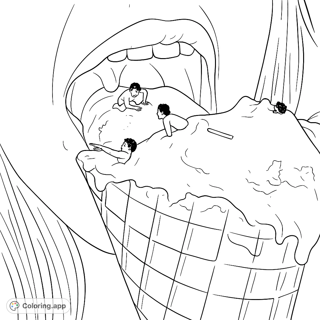 Explore a whimsical giant ice cream cone with tiny adventurers, about to be eaten by a colossal mouth. A fun, surreal sweet treat coloring page.