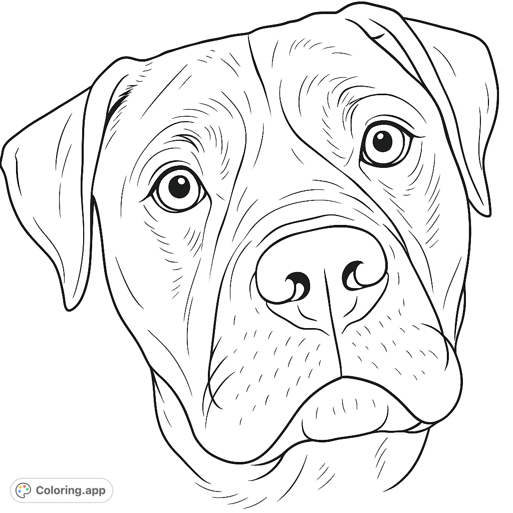 A detailed black and white line drawing of a loyal dog's head, perfect for a free printable dog coloring page. Features expressive eyes and textured fur.