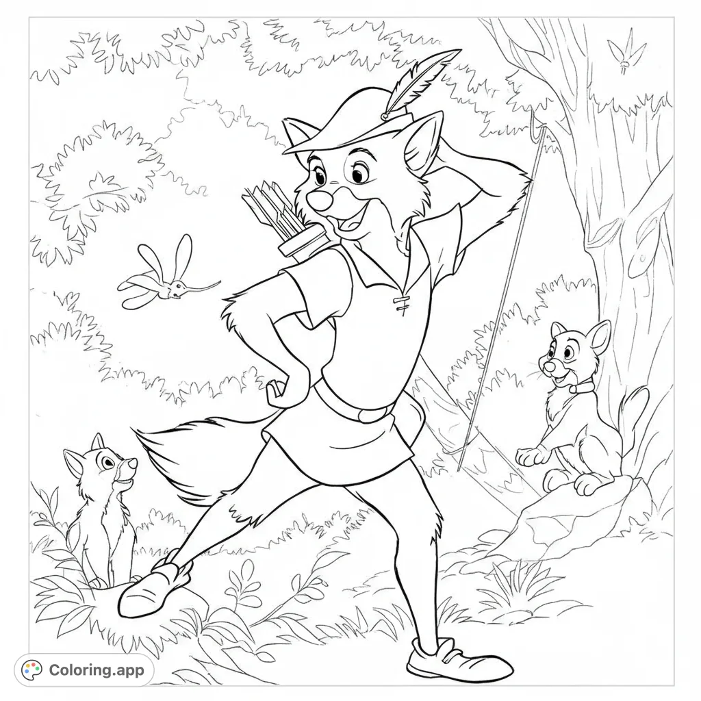 An adventurous fox hero with bow and quiver, accompanied by two playful pups in a vibrant forest setting. A free printable coloring page for all ages.