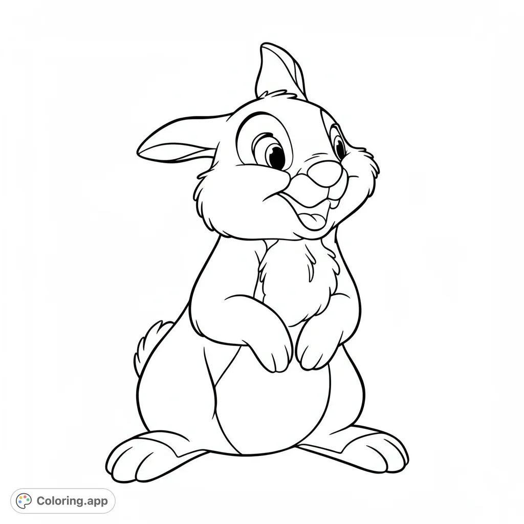 A delightful free printable cute rabbit coloring page featuring a cheerful cartoon bunny standing upright, perfect for kids and animal lovers.