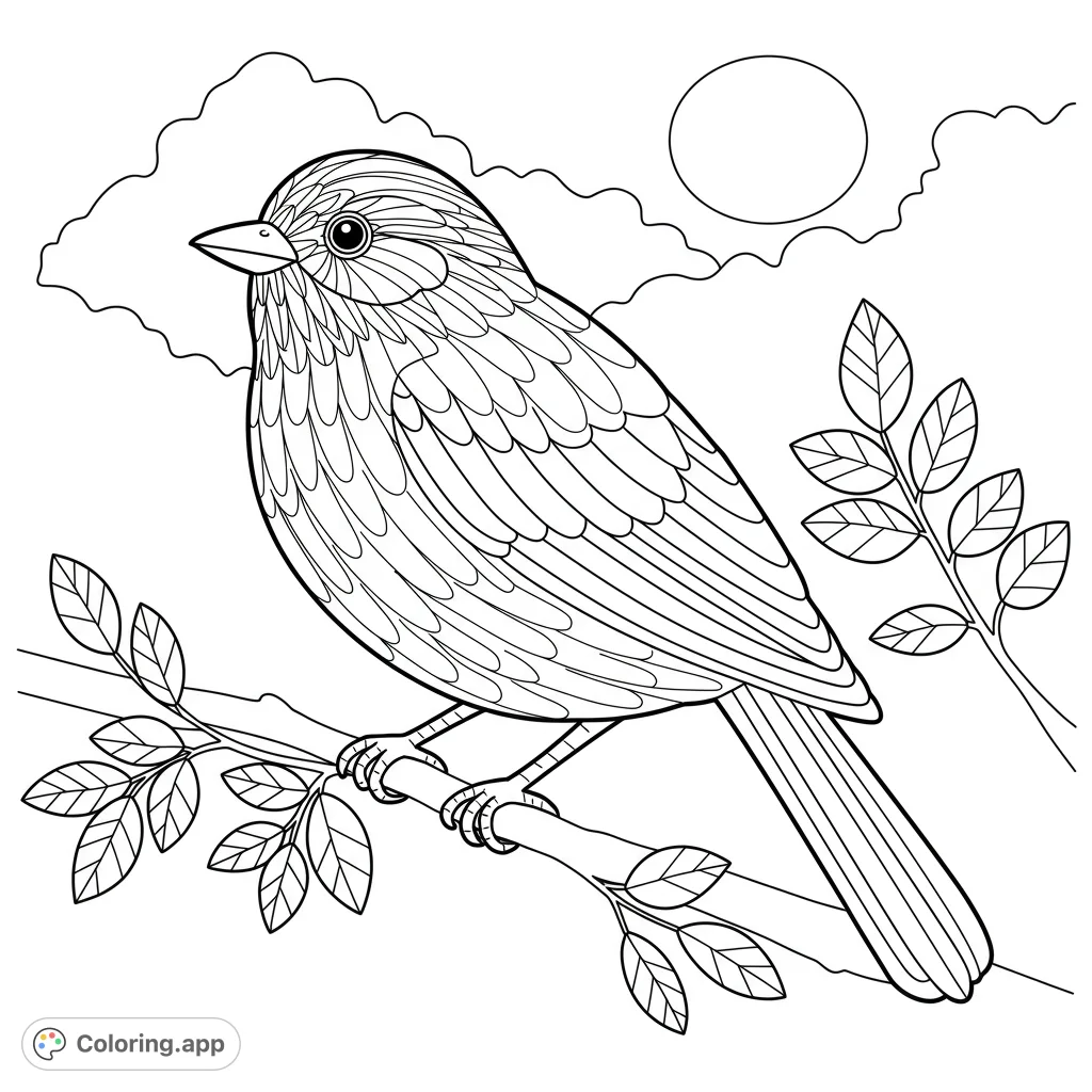 A delightful bird with detailed feathers perches on a leafy branch under a simple sun/moon and clouds. Perfect for nature lovers.