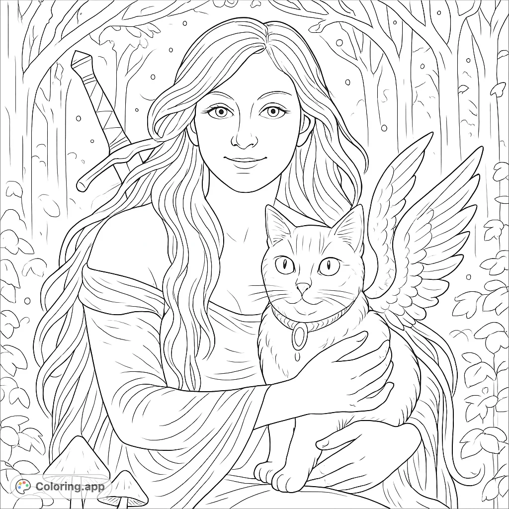 A beautiful warrior maiden cradles her winged cat in an enchanted forest. A fantasy coloring page for all ages, perfect for creative expression.
