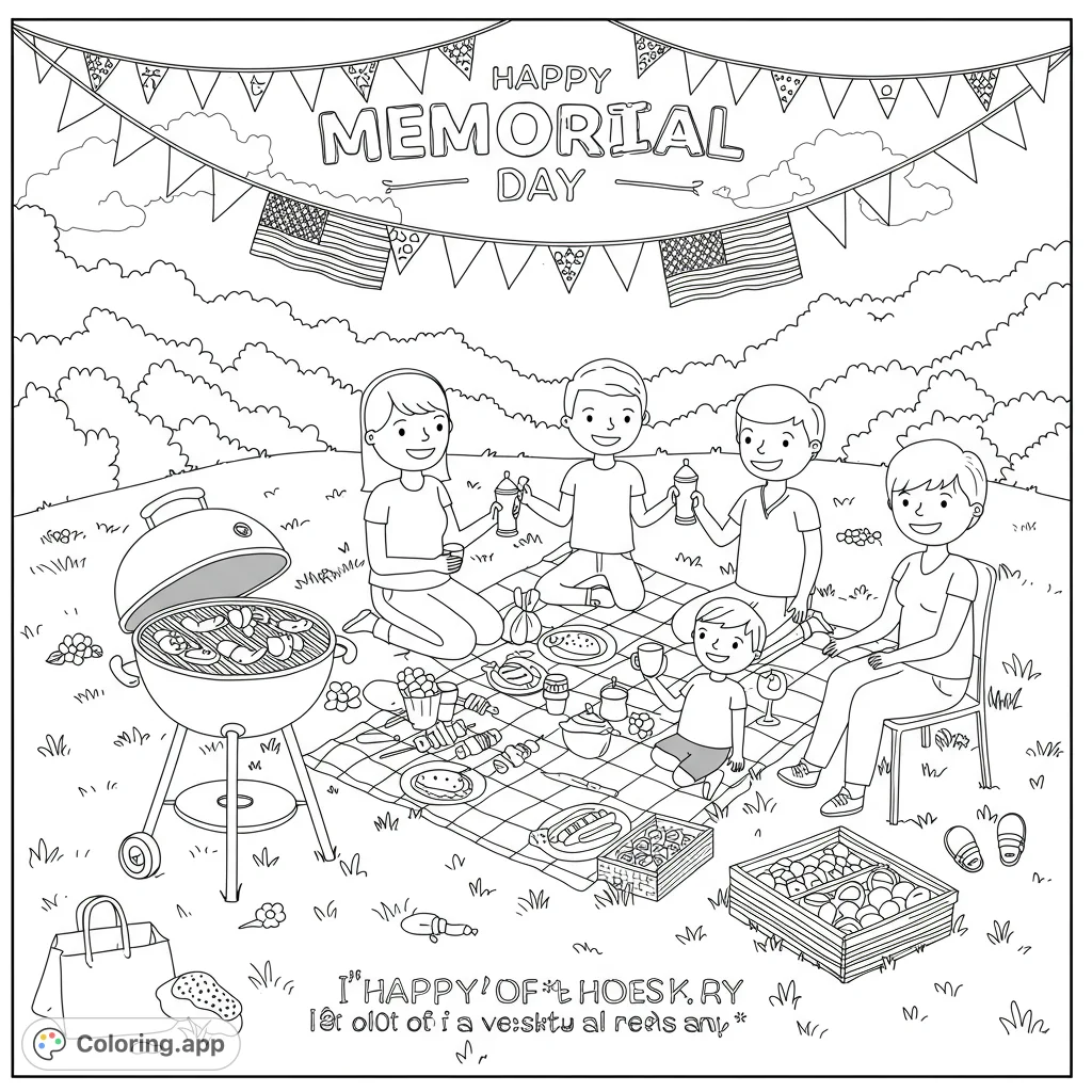 A delightful Memorial Day picnic coloring page featuring a family enjoying a BBQ outdoors, complete with food, drinks, and festive bunting.