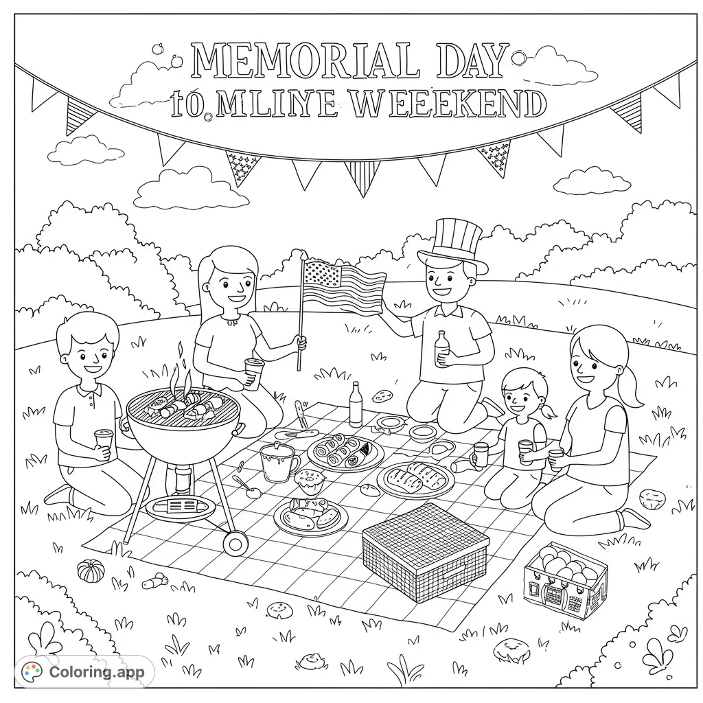 A joyful family picnic with a BBQ, American flag, and patriotic decorations, perfect for a festive outdoor coloring experience.