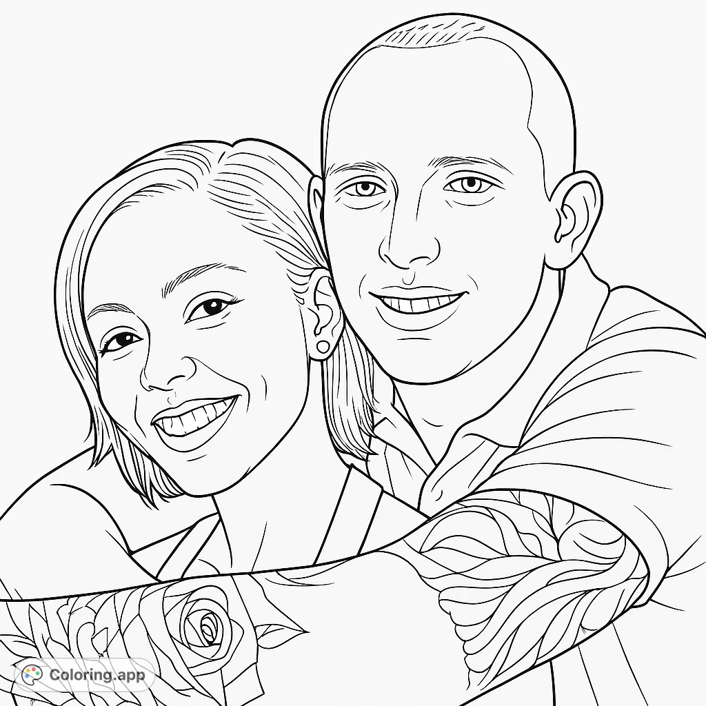 A heartwarming couple portrait coloring page featuring a smiling man and woman embracing, with intricate arm tattoos. Perfect for celebrating love.