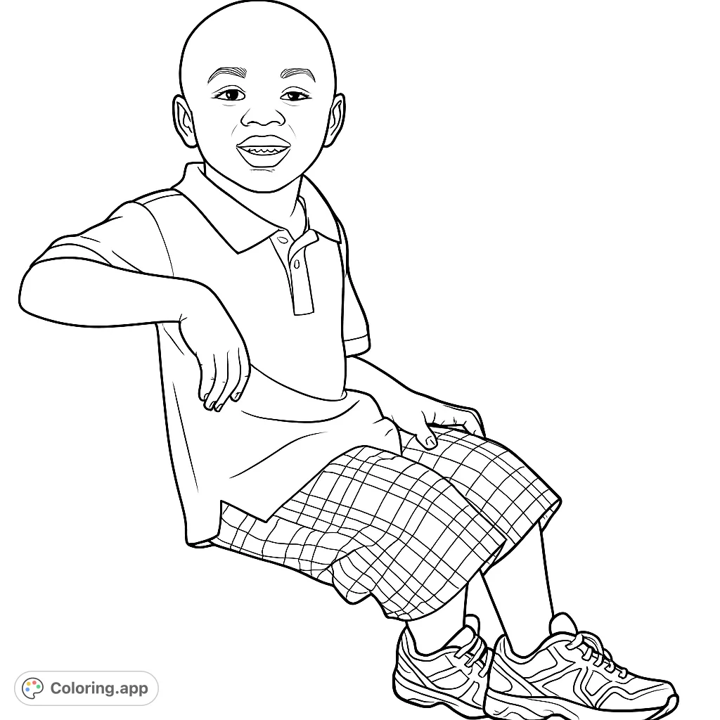 A cheerful young boy in a polo shirt and plaid shorts, sitting and smiling. A delightful free printable coloring page for kids and adults.