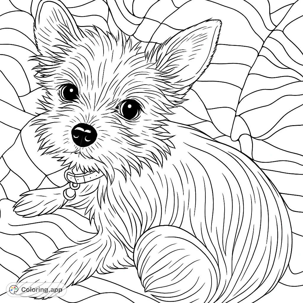 An adorable fluffy puppy with big eyes and textured fur, resting on a wavy background. A charming free printable puppy coloring page for all ages.