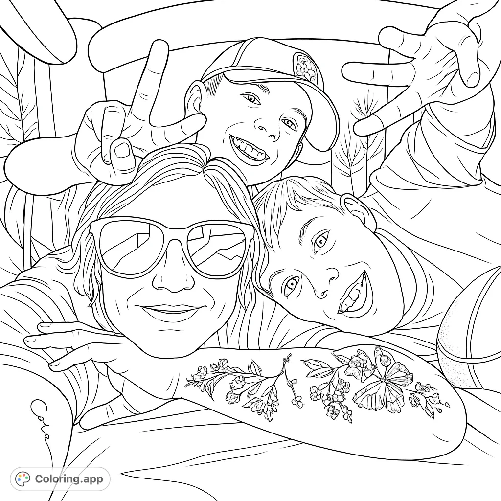 Capture joy with this family selfie coloring page! Features smiling faces, peace signs, and a beautiful floral tattoo.