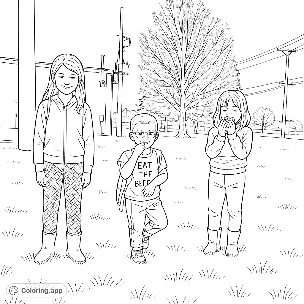 Three children enjoying an outdoor scene, perfect for a free printable coloring page. Features kids, a tree, and a casual setting.