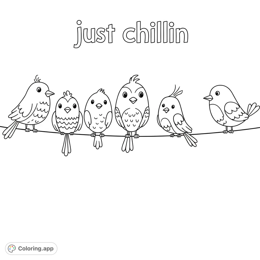 Adorable cartoon birds perch on a wire, each with unique details, ready for vibrant colors. A charming, free printable bird coloring page for all ages.
