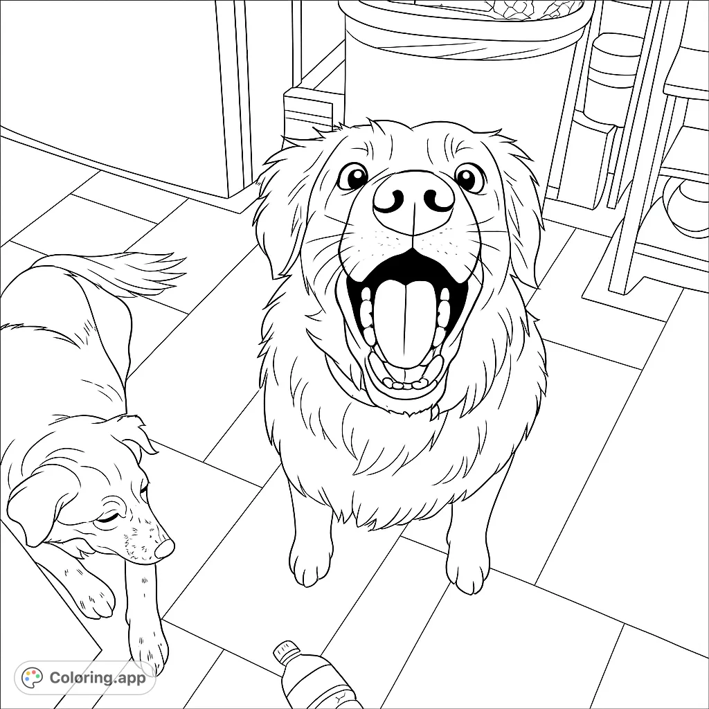 A delightful dog coloring page featuring a happy, wide-mouthed golden retriever and a relaxed companion indoors, perfect for pet lovers.